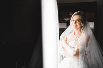 Luxury bride in white dress posing while preparing for the wedding ceremony