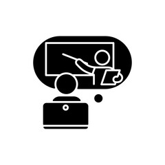 Online tutor black glyph icon. E-learning platform. Online classes. Webinar. Homework help. Real-time video chat. Live stream. Silhouette symbol on white space. Vector isolated illustration
