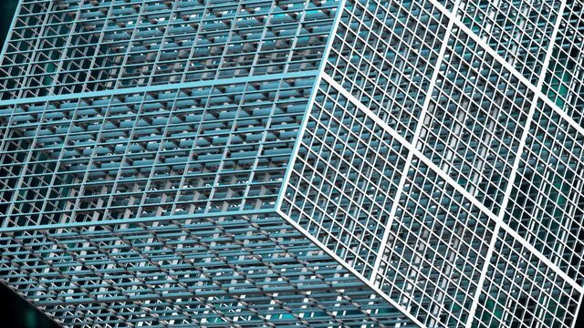 Large lattice cubes rotate in space. 3d rendering abstract complicated shape. Computer generated technologal background