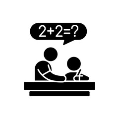 Tutor black glyph icon. Private teacher. Homework help. Students teaching. Instructing kids. Test prep. Developing study skills. Silhouette symbol on white space. Vector isolated illustration