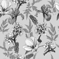Monochrome Floral seamless pattern with watercolor irises, magnolia, cherry blossom and muscari. - 388582119