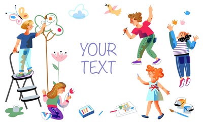 Invitation card to painting event for kids. Happy smiling girls and boys inviting to drawing class vector illustration. Place for text on white background. Children drawing outdoor