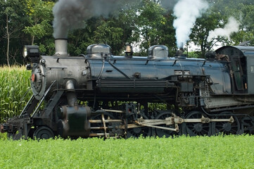 Fototapeta na wymiar Close Up of an Antique Steam Passenger Train Puffing along Amish Countryside with Green Fields