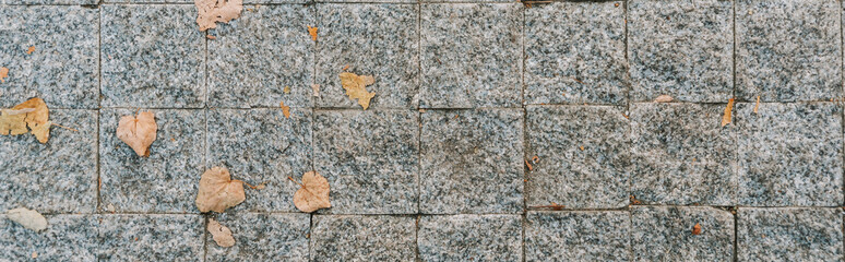 Grey stone pavement texture. Paving stones with yellow autumn leaves