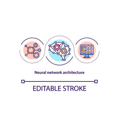 Neural network architecture concept icon. Machine learning. Data processing. Artificial intelligence idea thin line illustration. Vector isolated outline RGB color drawing. Editable stroke