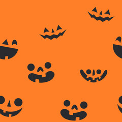 Halloween pumpkin faces seamless pattern. Carved pumpkins texture background.