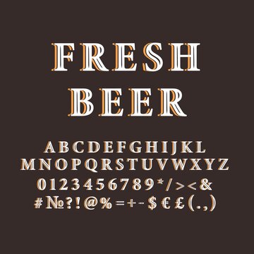 Fresh beer vintage 3d vector alphabet set. Retro bold font, typeface. Pop art stylized lettering. Old school style letters, numbers, symbols pack. 90s, 80s creative typeset design template