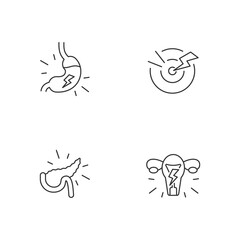 Stomachache linear icons set. Dyspepsia. Acute pain. Pancreatitis. Menstrual cramps. Burning sensation. Customizable thin line contour symbols. Isolated vector outline illustrations. Editable stroke