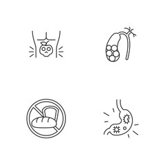 Discomfort in abdomen linear icons set. Food poisoning. Gallstones. Gluten intolerance. Stomach virus. Customizable thin line contour symbols. Isolated vector outline illustrations. Editable stroke