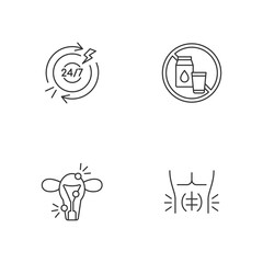 Digestive disorders linear icons set. Chronic abdominal pain. Lactose intolerance. Endometriosis. Customizable thin line contour symbols. Isolated vector outline illustrations. Editable stroke