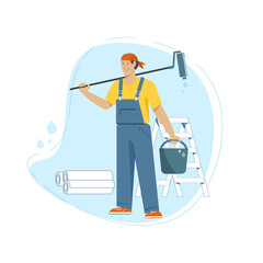Working on Wallpaper stickers, apartment repairs, painting. Vector cartoon character of the master Builder.