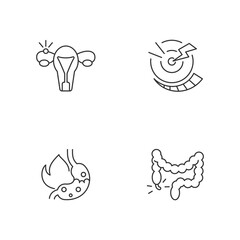 Abdominal inflammation linear icons set. Ectopic pregnancy. Acute pain. Heartburn. Constipation. Customizable thin line contour symbols. Isolated vector outline illustrations. Editable stroke