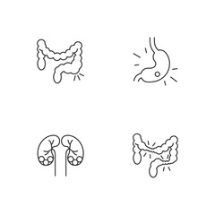 Abdominal pain linear icons set. Constipation. Gastritis. Kidney stones. Irritable bowel syndrome. Customizable thin line contour symbols. Isolated vector outline illustrations. Editable stroke