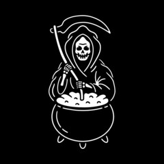 halloween death with a scythe cauldron pot with on white background