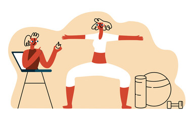 Vector illustration woman doing standing exercises for thighs, legs. It is under guidance of online trainer. Concept of healthy lifestyle, Pilates, workout. It can be used in web design, banners, etc.