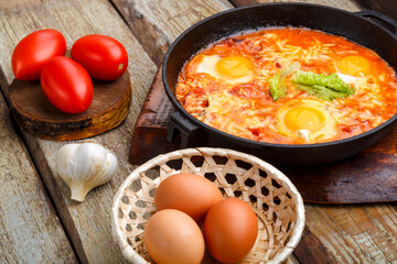 israeli fried eggs shakshuka with cheese in a frying pan near products on a wooden table.