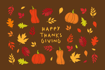 Happy Thanksgiving. Hello autumn background. Fall of hand drawn autumn leaves. Vector illustration.	