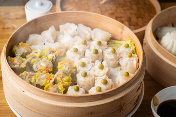 chinese steamed shumai in bamboo steamer