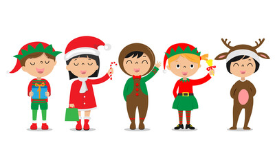 Group of children dressed as Christmas motifs. Isolated vector