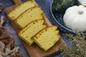 Pumpkin bread with thyme and turmeric on a board
