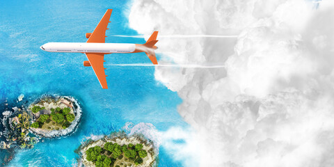 airplane flying over the clouds to the tropical island paradise with traveling tourists