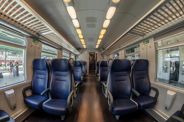 Fototapeta premium View of the interior of a train with empty seats