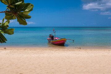 Longtail boat moored at beach in Koh Phangan, Thailand, Asia