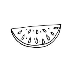 Doodle image of a piece of watermelon. Vector image of a fruit. Hand-drawn image for print, web, textile.