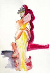 Watercolor hand drawn painting with a woman in yellow dress on the podium