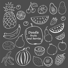 A set of doodle images of fruits and berries. Vector image on a dark background. Hand-drawn image for print, web, textile.