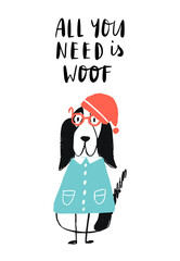 All you need is woof - Christmas Poster with white dog in santa hat and lettering.
