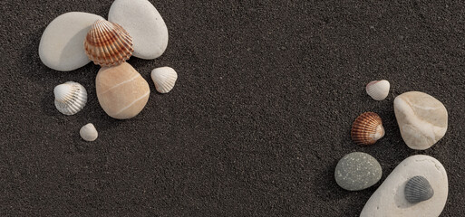 Arrière-plan grains de sable de mer, sable fin noir de plage et galets. Emplacement pour texte.	