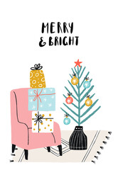 Merry and Bright - New Year poster with home interior and lettering. Christmas tree and chair with a gift boxes. - 388587130