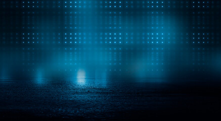 Dark street, wet asphalt, reflections of rays in the water. Abstract dark blue background, smoke, smog. Empty dark scene, neon light, spotlights. Concrete floor