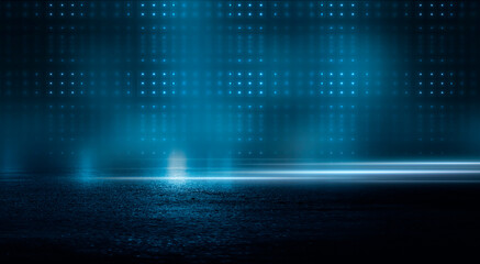 Dark street, wet asphalt, reflections of rays in the water. Abstract dark blue background, smoke, smog. Empty dark scene, neon light, spotlights. Concrete floor