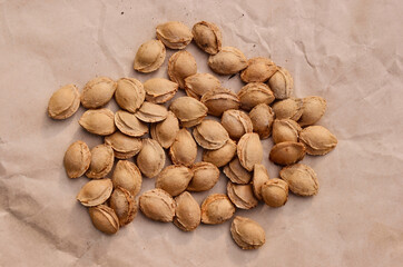 Many apricot seeds are scattered on yellow craft paper. Crumpled paper as background. Planting material for fruit tree seeds. Photo from above.
