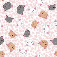 Cute cartoon cats on the background of stars. Kawaii kittens seamless pattern. Vector illustration.