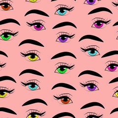 Seamless pattern with eyes of different colors, eyes of bright trendy colors, colored lenses, modern look, vector illustration.