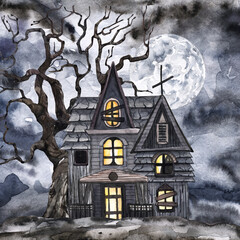 Spooky Halloween illustration. Dark scary scene with watercolor hand painted haunted house, creepy dead tree, night sky and full moon.