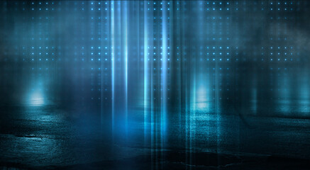 Dark street, wet asphalt, reflections of rays in the water. Abstract dark blue background, smoke, smog. Empty dark scene, neon light, spotlights. Concrete floor