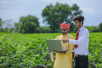 Young indian agronomist showing some information to farmer in laptop at cotton field