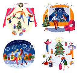 People celebrating Christmas set. Happy holiday celebration vector illustration. Festive party at home, romantic couple, outside with fireworks, giving presents. Xmas night in winter