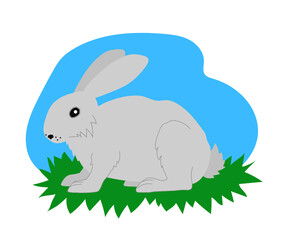 Domestic rabbit and grass on a blue background. Cartoon. Vector illustration.