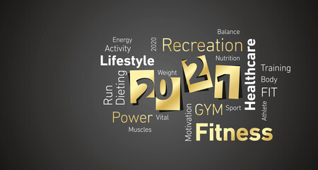 Fitness New Year 2021 shining gold white word cloud black board background