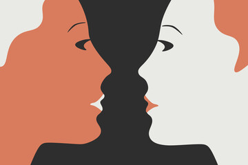 Heads facing each other vector illustration on yellow background. Race equality, tolerance, women's power, motivation, equality, diversity.