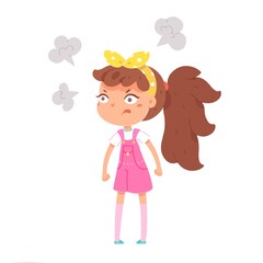 Angry little girl put hands on hips. Cute child wearing dress and bow in hair, isolated person on white background. Vector character illustration of children gestures, emotions, types of moods.