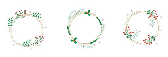 Set of New year and Christmas wreaths. Traditional winter garland with holly berries isolated on white background. For postcards festive design announcements invitation posters. Vector illustration