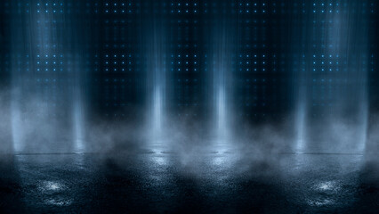 Dark street, wet asphalt, reflections of rays in the water. Abstract dark blue background, smoke, smog. Empty dark scene, neon light, spotlights. Concrete floor