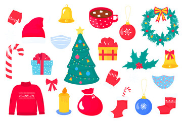 Fototapeta na wymiar Christmas and New Year's clipart. Santa's hat, bag and socks. A garland with bells and mistletoe. A cup of cocoa with marshmallows. Candle, gifts, lollipop