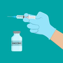 vaccine bottle and hand hold syringe, injection vaccine flat design vector illustration